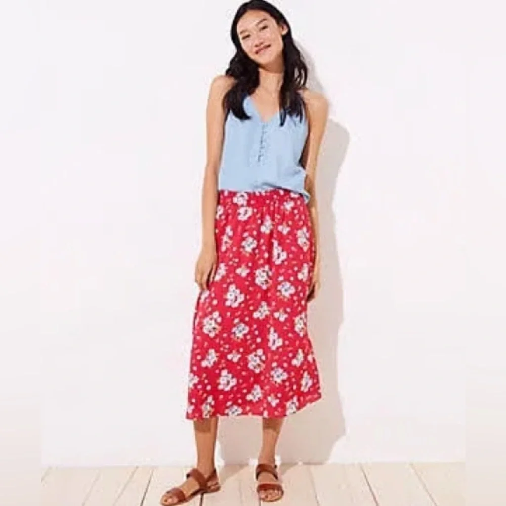 LOFT Red Floral Midi Skirt - Picture 1 of 13